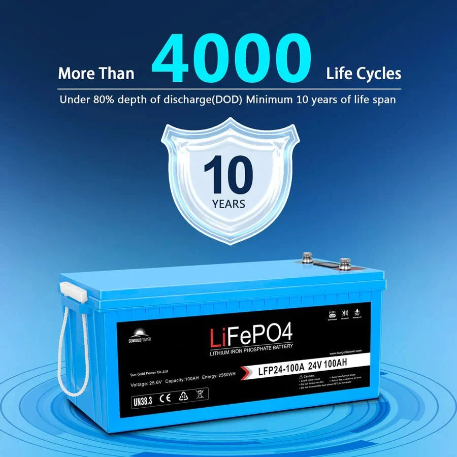 SunGoldPower 24V 100AH LifePO4 Deep Cycle Lithium Battery Bluetooth / Self-Heating / IP65