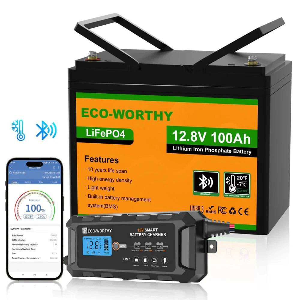 ECO-WORTHY 12V 100Ah LiFePO4 Battery With Bluetooth And Low-Temperature Protection