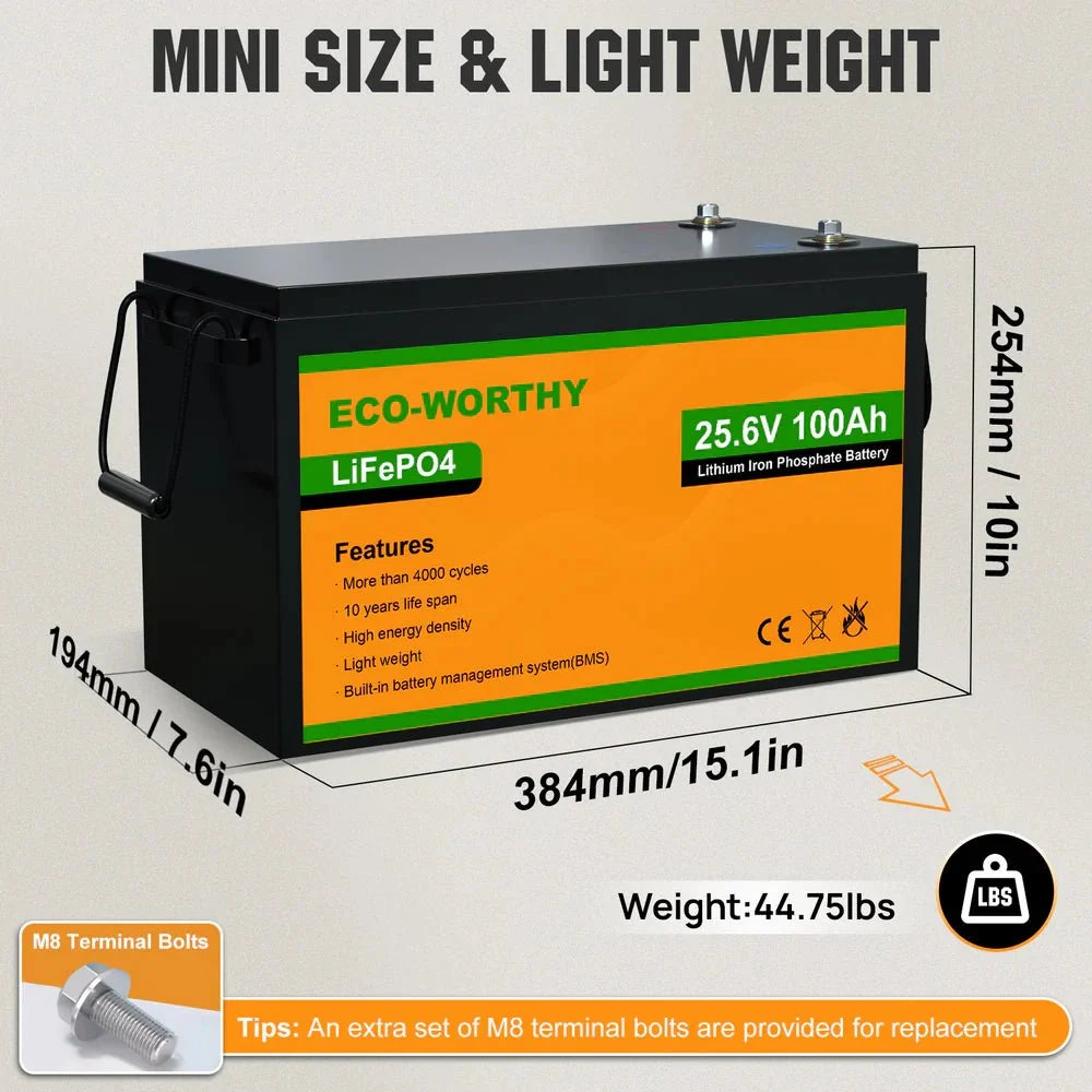 ECO-WORTHY 24V 100Ah Lithium Iron Phosphate Battery