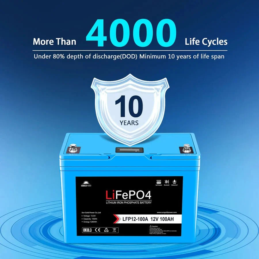 SunGoldPower 12V 100Ah LiFePo4 Deep Cycle Lithium Battery / Bluetooth / Self-Heating / IP65