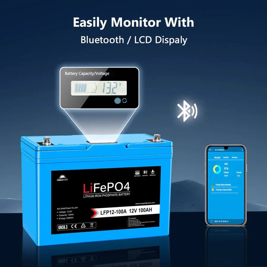 SunGoldPower 12V 100Ah LiFePo4 Deep Cycle Lithium Battery / Bluetooth / Self-Heating / IP65
