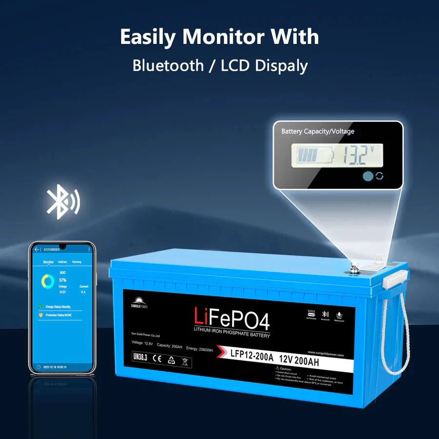 SunGoldPower 12V 200AH LIFEPO4 Deep Cycle Lithium Battery Bluetooth / Self-Heating / IP65