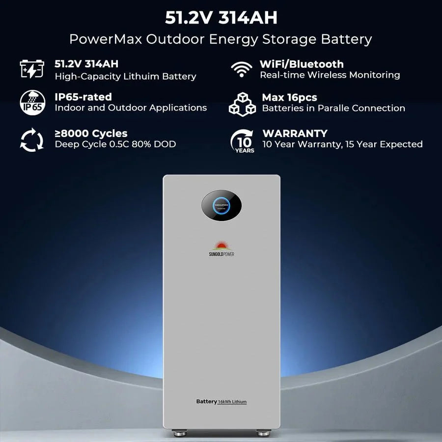 SunGoldPower PowerMax 51.2V 314AH Outdoor Energy Storage Battery UL1973 & UL9540A