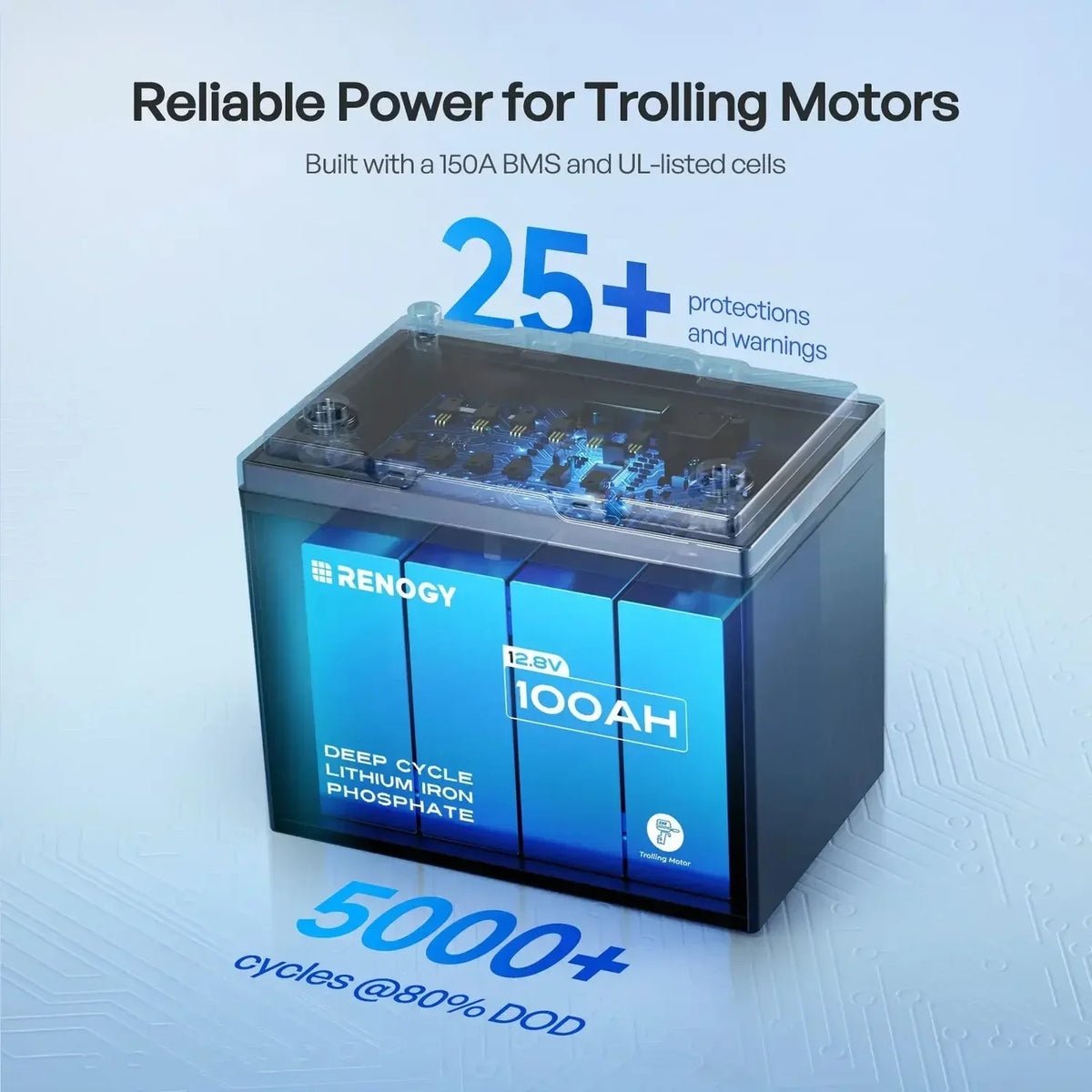 Renogy 12V 100Ah Trolling Motor Lithium Iron Phosphate Battery with Bluetooth