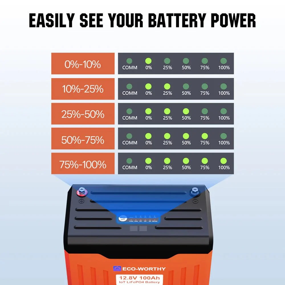 ECO-WORTHY 12V 100AH Lithium Battery with Battery Status Display and 100A BMS with Low-Temp Protection