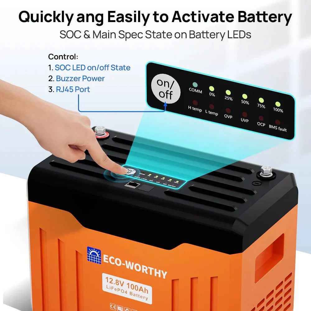 ECO-WORTHY 12V 100AH Lithium Battery with Battery Status Display and 100A BMS with Low-Temp Protection