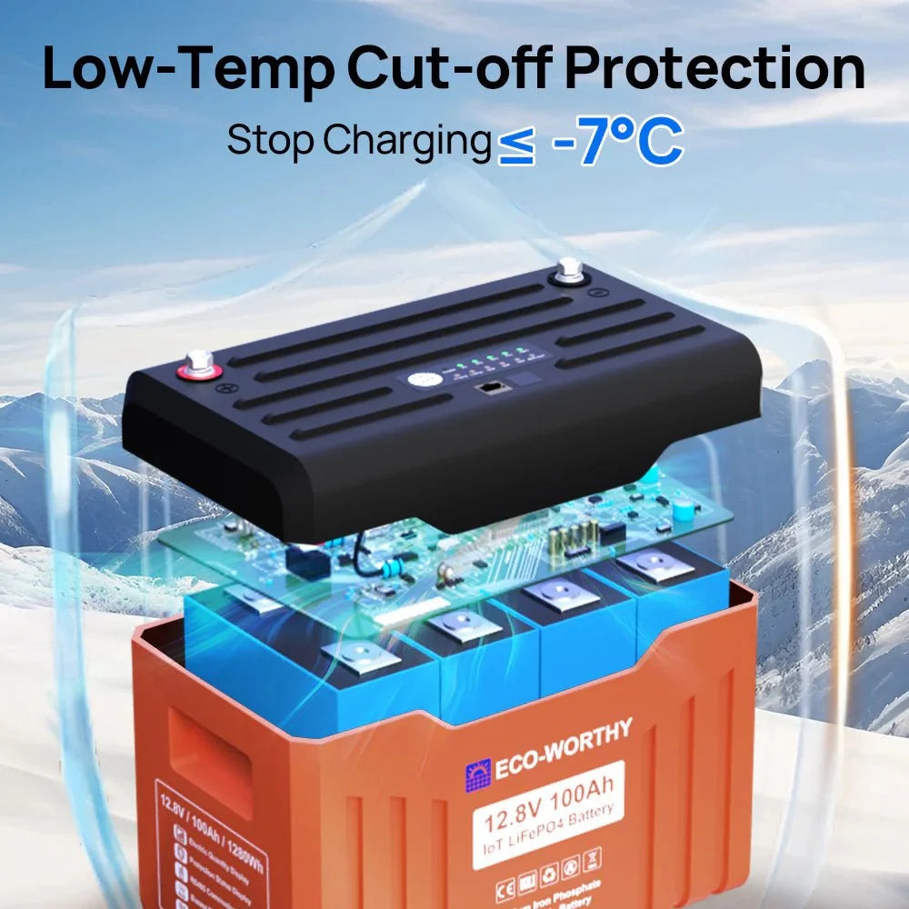 ECO-WORTHY 12V 100AH Lithium Battery with Battery Status Display and 100A BMS with Low-Temp Protection
