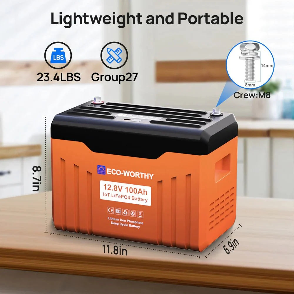 ECO-WORTHY 12V 100AH Lithium Battery with Battery Status Display and 100A BMS with Low-Temp Protection