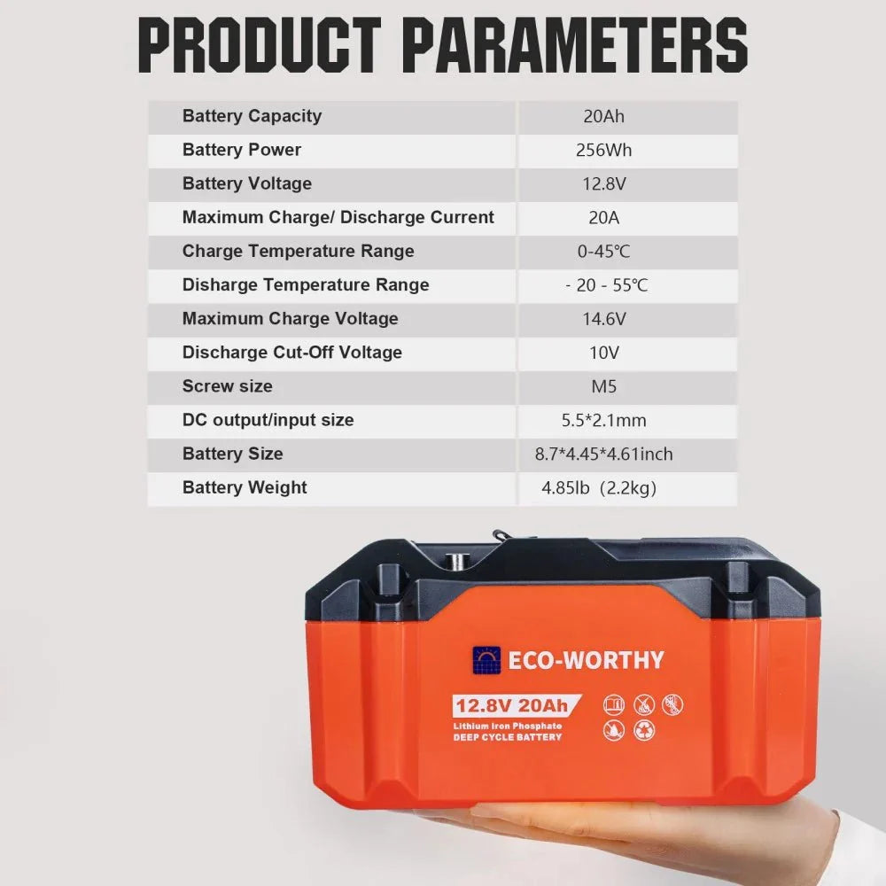 ECO-WORTHY 12V 20Ah Portable LiFePO4 Deep Cycle Rechargeable Battery