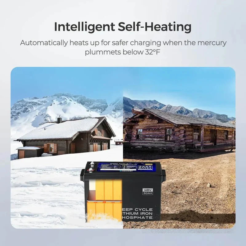 Renogy 48V 50Ah Smart Lithium Iron Phosphate Battery with Self-heating + Battery Monitor