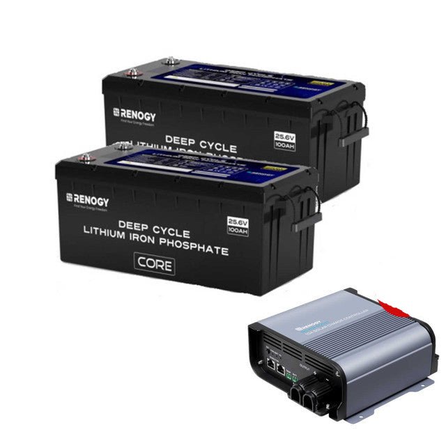 Renogy Core 24V 100Ah Deep Cycle Lithium Iron Phosphate Battery with 48V 10A Rover Boost Charge Controller