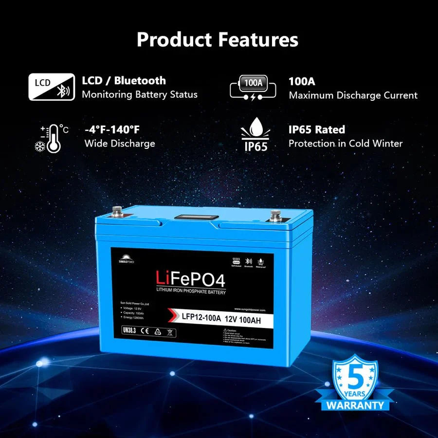 SunGoldPower 12V 100Ah LiFePo4 Deep Cycle Lithium Battery / Bluetooth / Self-Heating / IP65