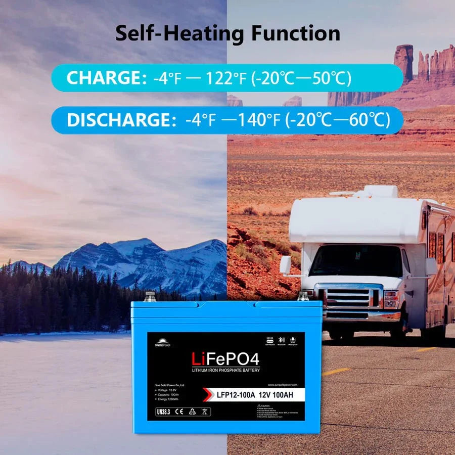 SunGoldPower 12V 100Ah LiFePo4 Deep Cycle Lithium Battery / Bluetooth / Self-Heating / IP65