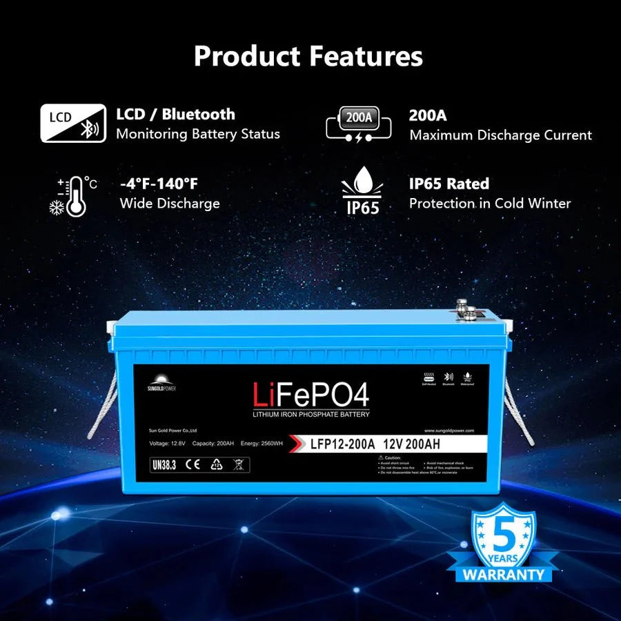 SunGoldPower 12V 200AH LIFEPO4 Deep Cycle Lithium Battery Bluetooth / Self-Heating / IP65