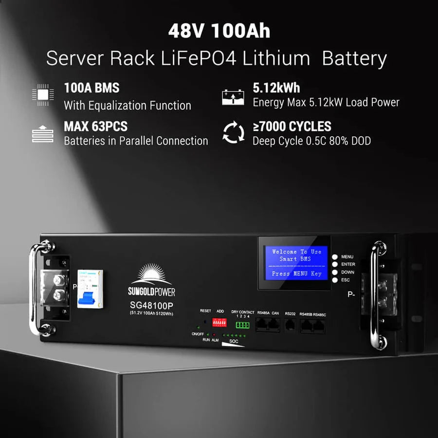 SunGoldPower 48V 100Ah Server Rack LiFePO4 Lithium Battery